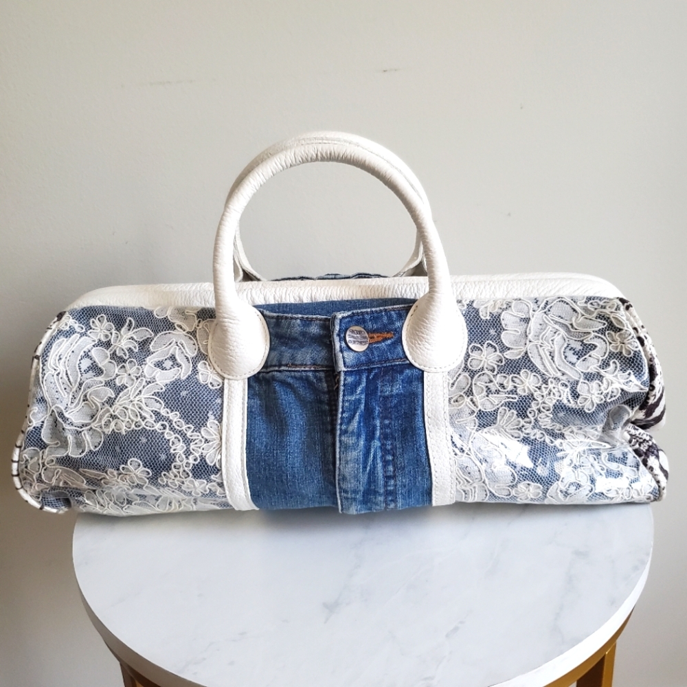 Authentic Clever Carriage Satchel Denim and Snake Leather One of a Kind Bag